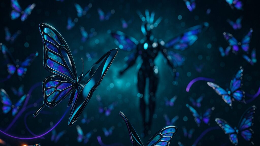 futuristic scene unfolds as the camera gracefully pans over a multitude of glowing, blue butterflies