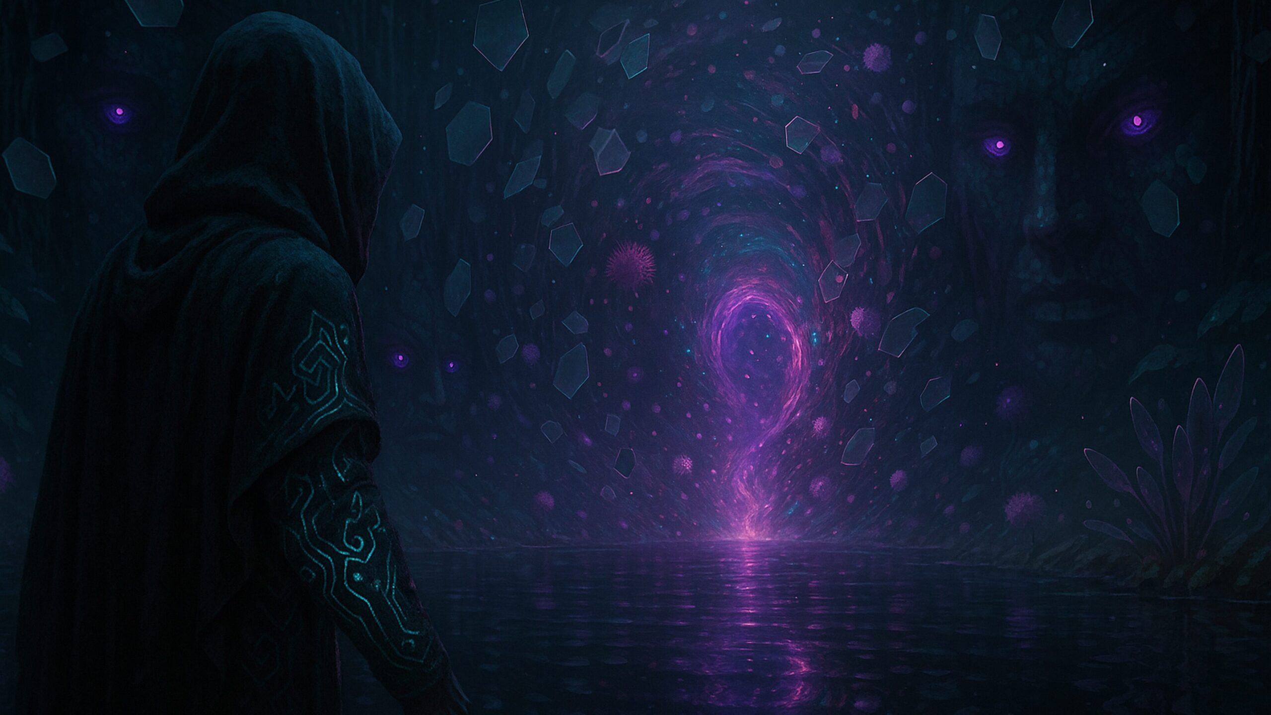 Cloaked figure standing on the edge of a dark, reflective pool, within a cavern shrouded in darkness
