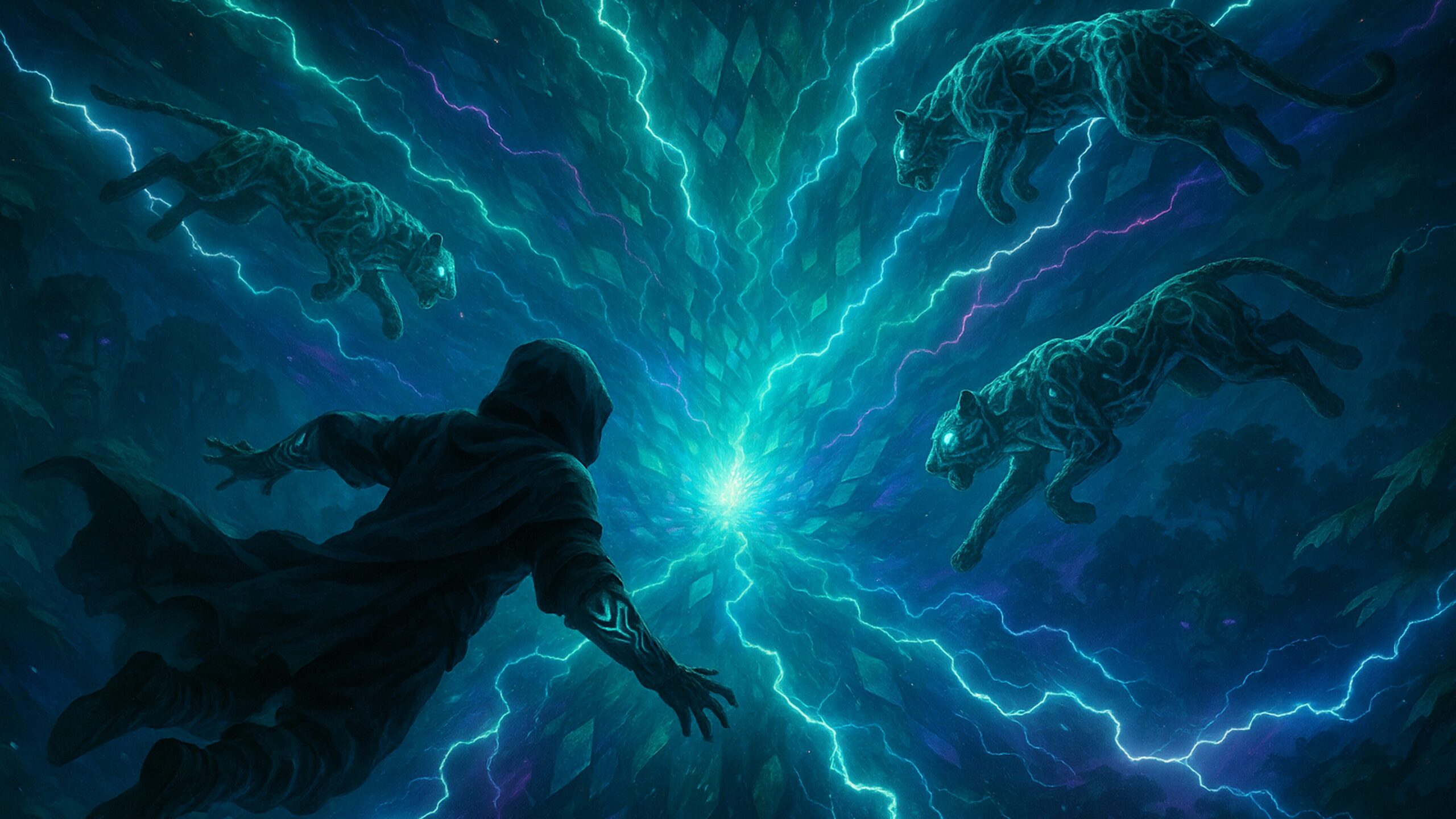 A hooded figure in a dark cloak is suspended in mid-air, reaching towards a swirling vortex of vibrant energy
