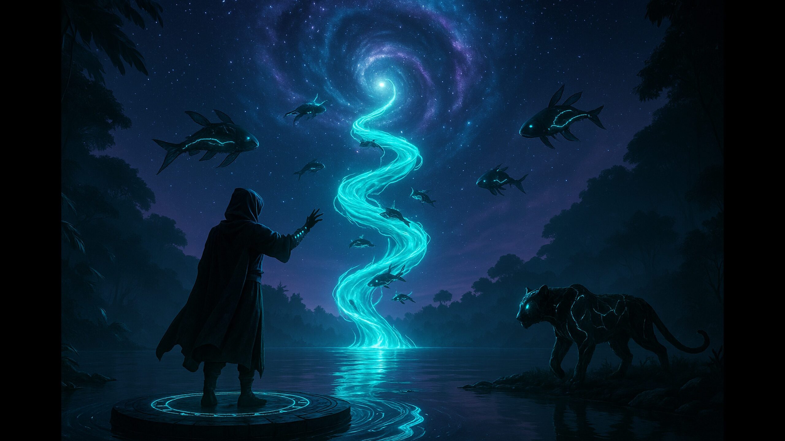 In a mystical forest under a starry night sky, a cloaked figure stands on a stone platform by a luminous river of swirling blue light