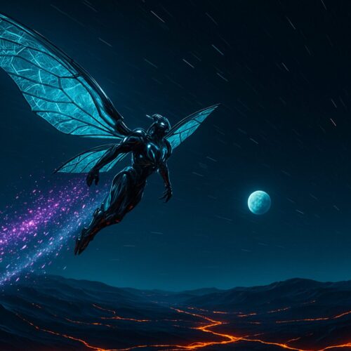 A cybernetic fairy with luminescent blue wings gracefully soars through a star-filled night sky