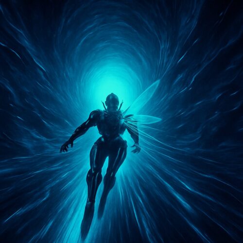 A humanoid figure in sleek, high-tech armor with insect-like wings is seen flying swiftly