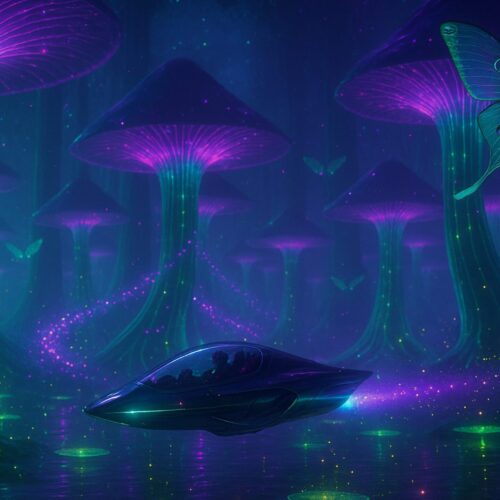 Amidst a surreal, enchanted forest on an alien world, a sleek, futuristic spaceship gently glides