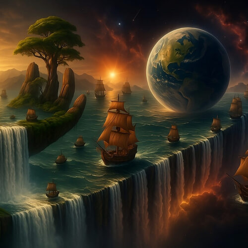 Colossal hand‑island Sun‑lit inland sea Twin waterfalls
