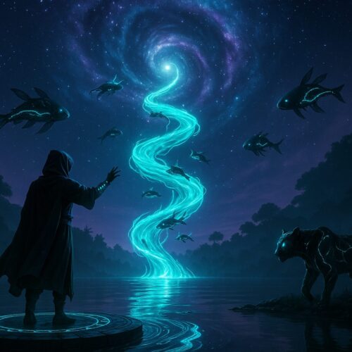 In a mystical forest under a starry night sky, a cloaked figure stands on a stone platform by a luminous river of swirling blue light