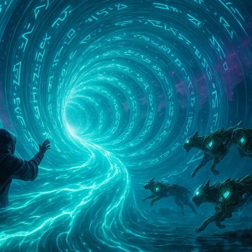 In a mystical scene, a hooded figure extends their hand toward a swirling, luminous vortex in the center of the cosmic backdrop