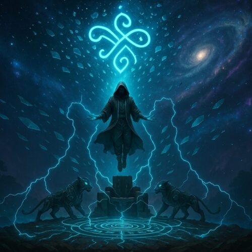 In a mystical scene, a hooded figure levitates above an intricately designed circular pattern on the ground