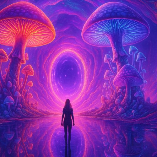 The landscape is alive with luminous, oversized mushrooms in vibrant reds and blues, casting a mystical glow across the surroundings
