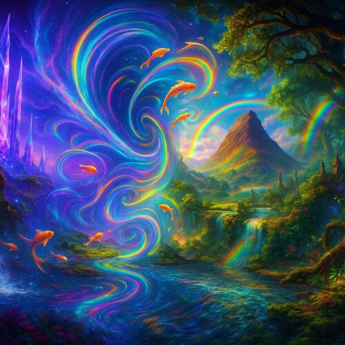 The scene transitions with swirling rainbow energy weaving through a breathtaking fantasy landscape