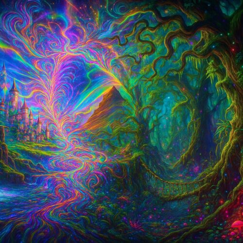 This vibrant, surreal scene features a mesmerizing blend of colors