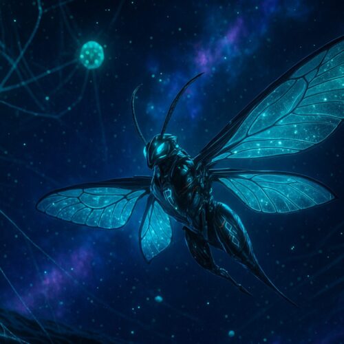 A bioluminescent insect hovers gracefully in a cosmic space filled with glowing