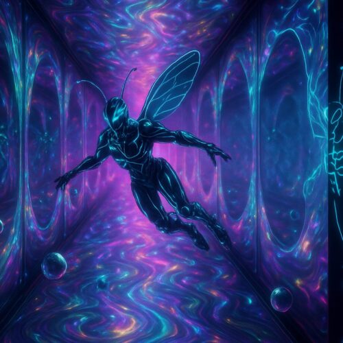 A robotic humanoid figure with delicate butterfly wings gracefully floats through a psychedelic corridor