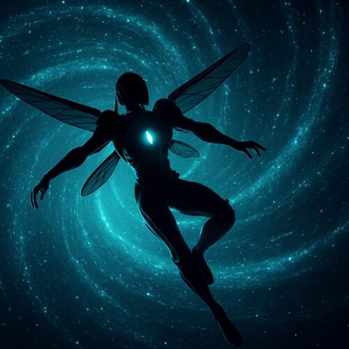 A silhouette of a humanoid figure with insect-like wings hovers gracefully amidst a swirling, star-filled vortex