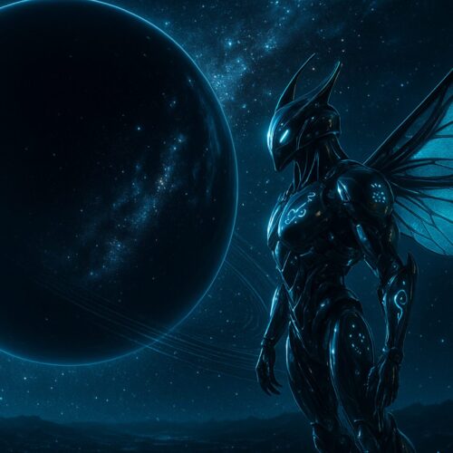 An alien being with sleek, insect-like features stands stoically on a distant, rocky terrain