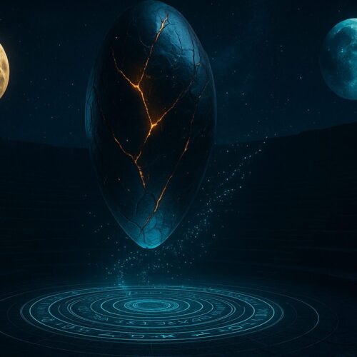 An enigmatic oval artifact hangs suspended mid-air