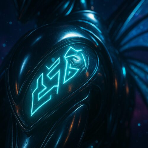 Cybernetic insectoid being standing in a vast cosmic space