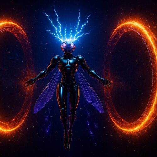 Figure, clad in a sleek, metallic exoskeleton, has translucent wings and compound eyes