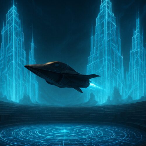 Futuristic arena, a sleek, black spaceship hovers gracefully above a circular platform