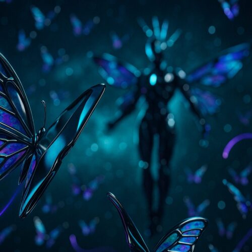 Futuristic scene unfolds as the camera gracefully pans over a multitude of glowing, blue butterflies
