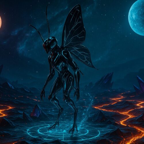 Robotic insectoid creature stands majestically on a glowing platform amidst vibrant lava flows