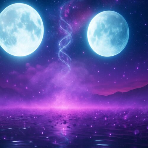 In a surreal cosmic scene, two luminous moons cast their glow over a tranquil lake, their reflections shimmering on the water’s surface