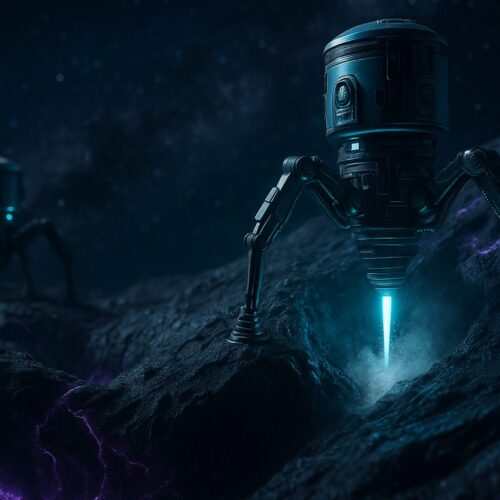 In a dark, starry extraterrestrial landscape, two robotic probes