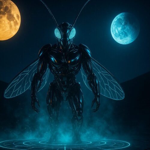 Futuristic insectoid robot stands with an imposing presence