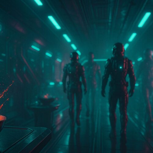 In a dimly lit spaceship corridor, four futuristic soldiers clad in dark, form-fitting suits with helmets walk purposefully towards the camera