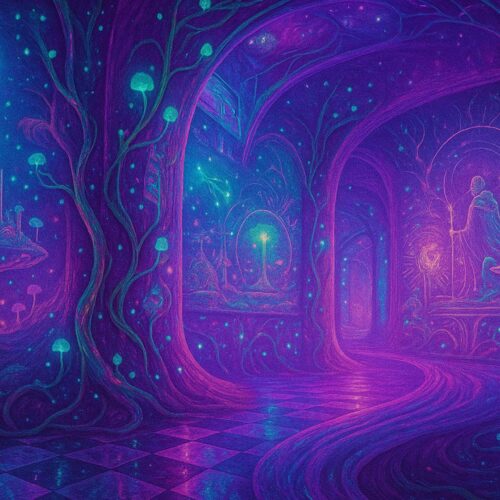 The scene pans through a fantastical, dreamlike forest interior filled with oversized, glowing mushrooms casting ethereal lights