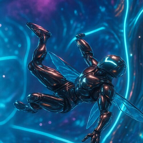 A futuristic, insect-like humanoid gliding through a vibrant, luminescent tunnel