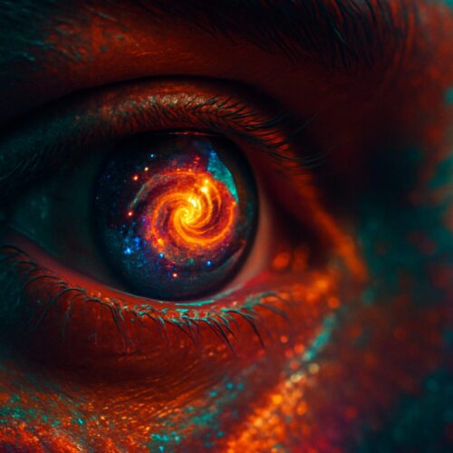 The scene showcases an extreme close-up of a human eye, capturing a swirling galaxy within the iris