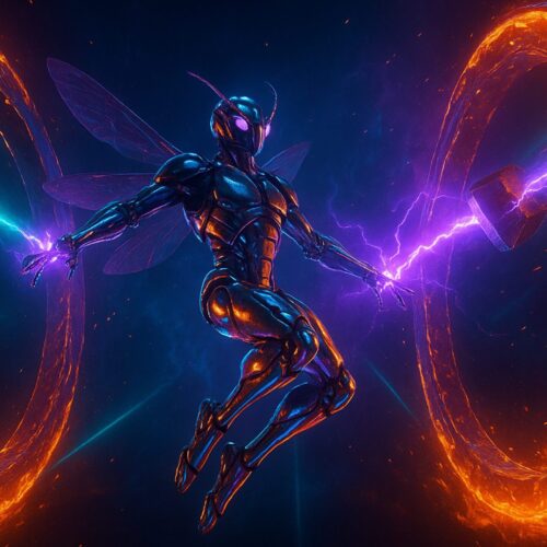 Sci-fi landscape, a metallic humanoid figure, resembling an insect with shimmering